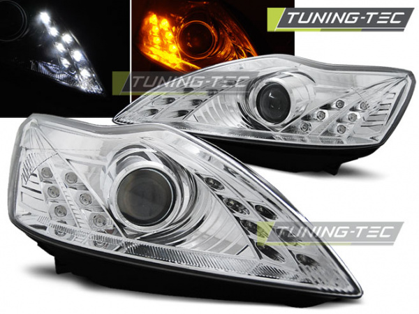 LED Tagfahrlicht Design Scheinwerfer für Ford Focus MK2 08-10 chrom mit LED Blinker